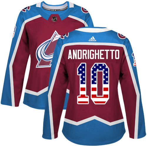 Adidas Avalanche #10 Sven Andrighetto Burgundy Home Authentic USA Flag Women's Stitched NHL Jersey - Click Image to Close
